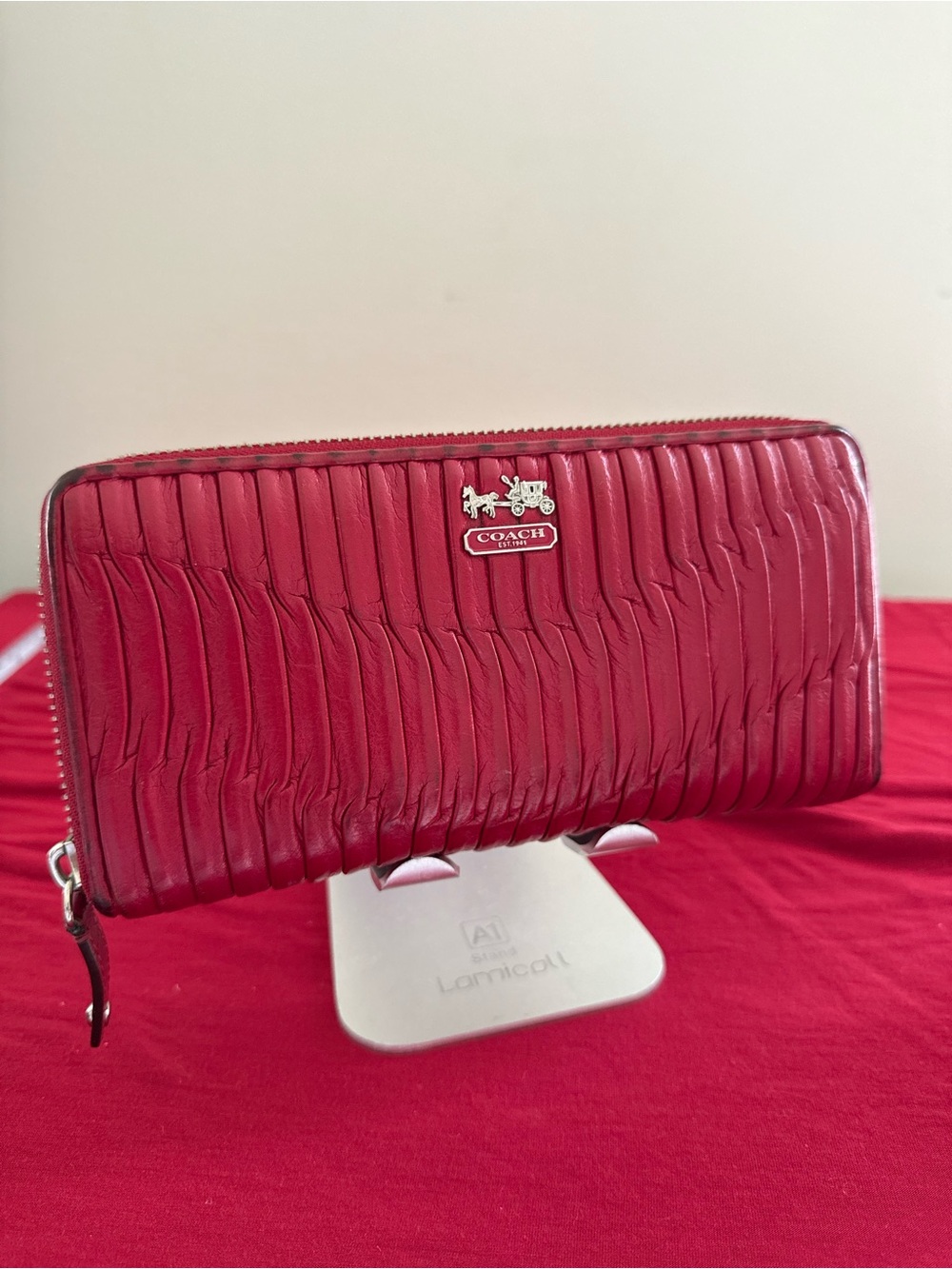 Coach Red Quilted Accordion Zip Wallet with Signature Plaque